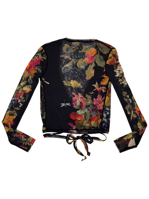 Vintage 90s JEAN PAUL GAULTIER SOLEIL Mesh Black Floral Wrap Long Sleeve Top with Waist Tie | Size S