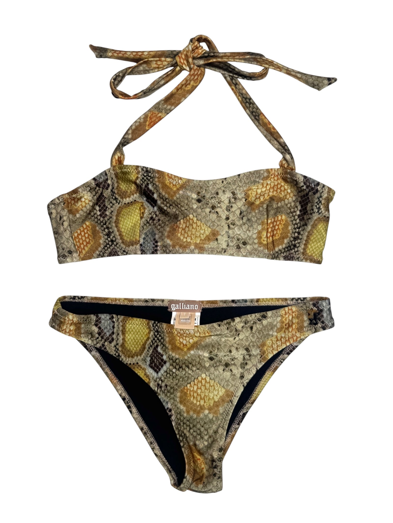 Vintage 2000s Y2K Galliano Snake Print Two Piece Bikini with Halter Top and Low-Rise Bottoms | Size XS