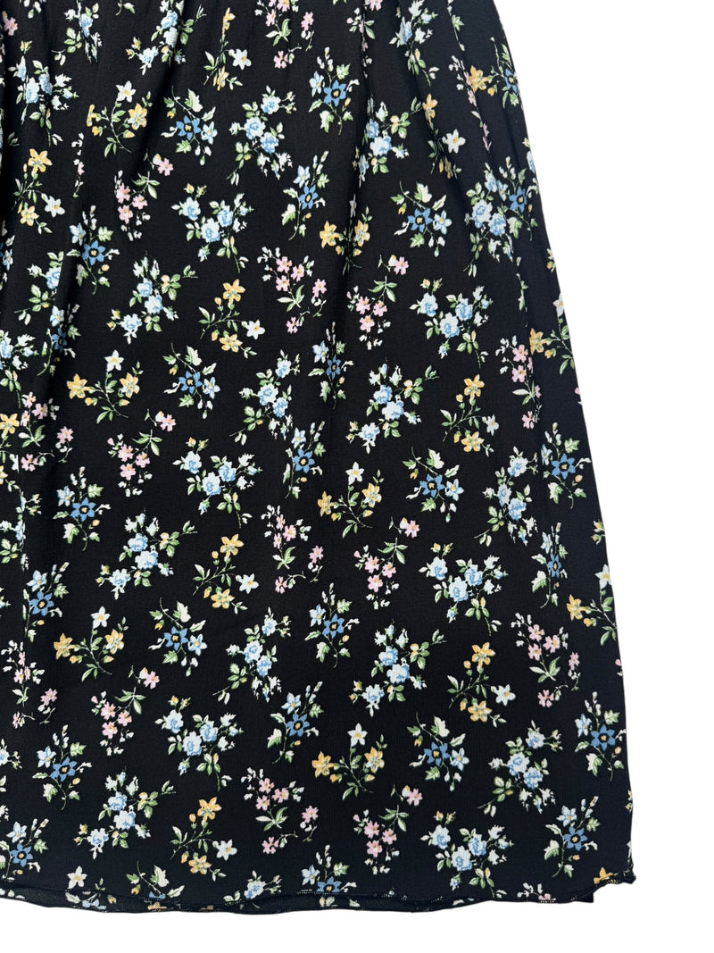 Vintage 2000s Y2K Max & Co Bohemian Chic Black Blue Floral High Waisted Above-the-Knee Chiffon A-Line Circle Skirt | Size M
