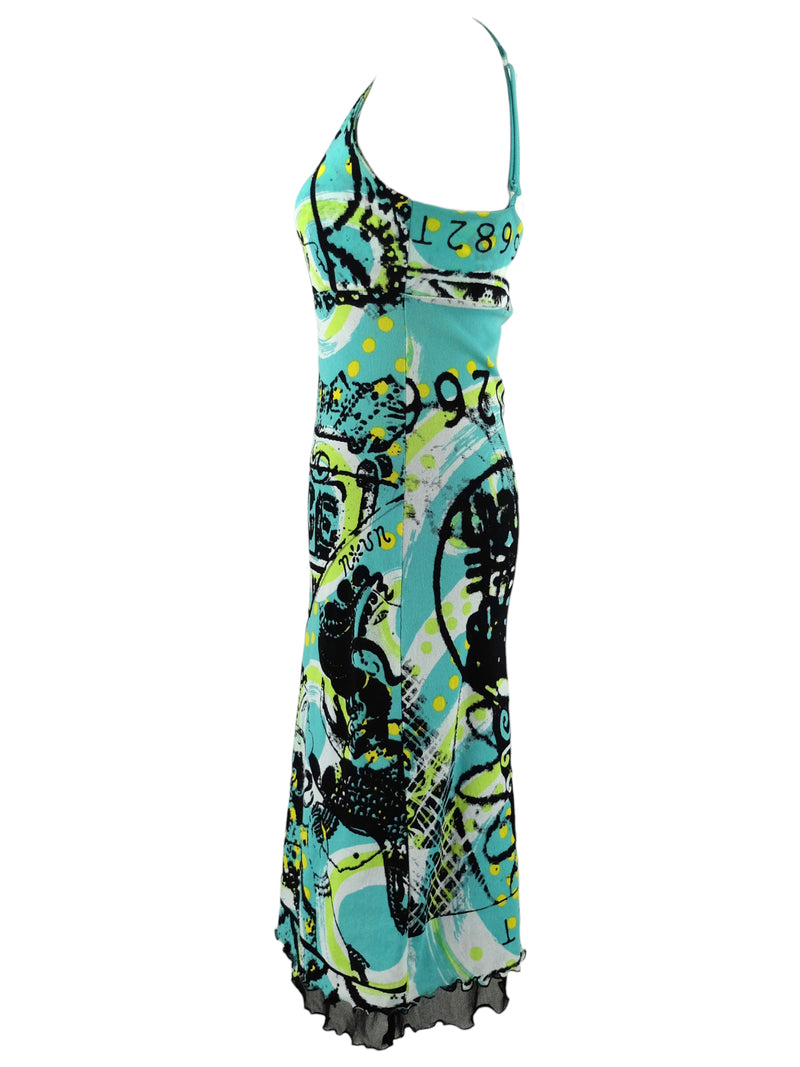 Vintage 2000s Y2K Turquoise & Black Abstract Graphic Print Mesh Sleeveless Tank Maxi Dress with Lettuce Hem | Size M