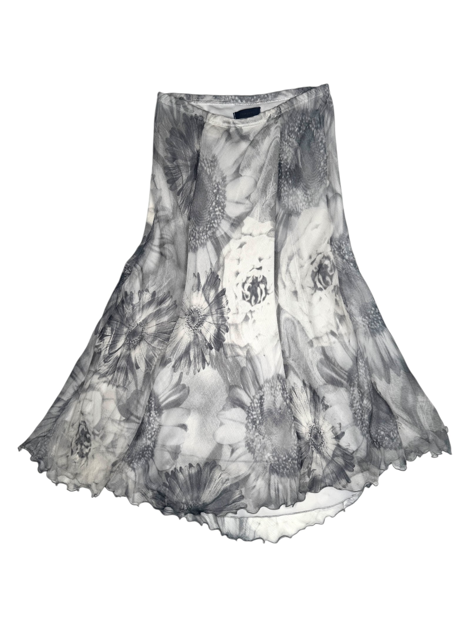 Vintage 90s Italian Silk Low Rise Abstract Grey & White Floral Midi Skirt | Size M