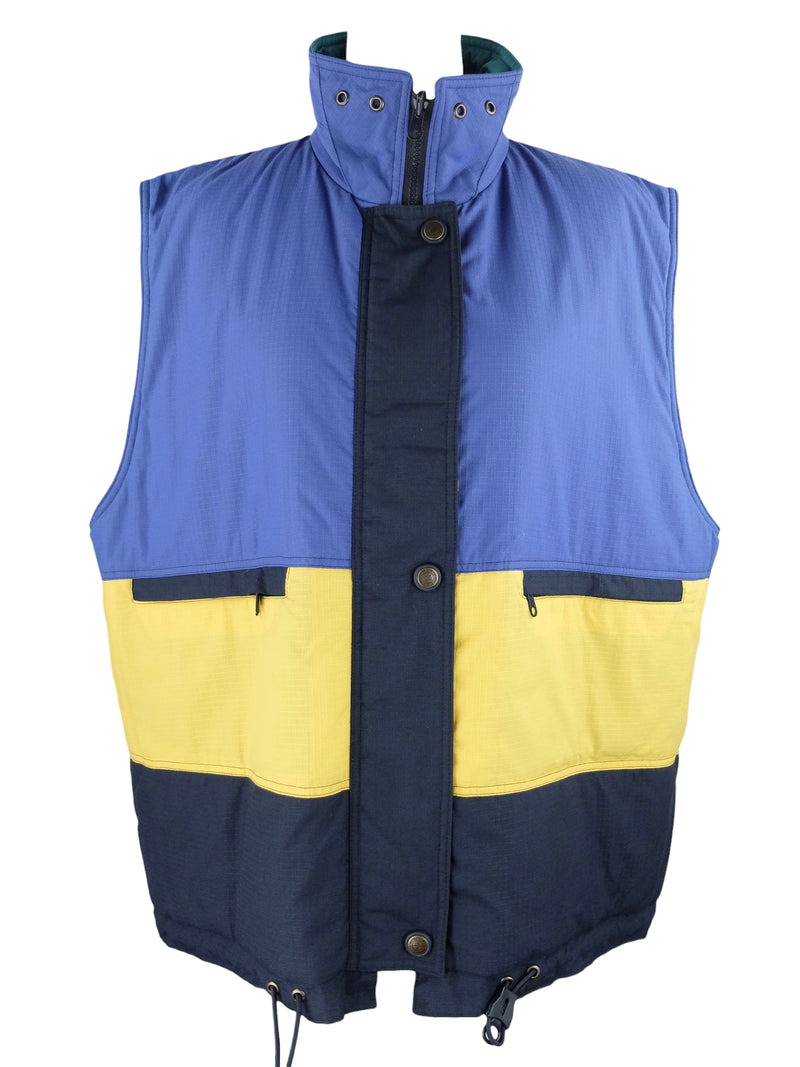 Vintage 90s Retro Utility Gorpcore Blue & Yellow Colourblock Zip & Snap Down Padded Puffer Vest with High Neck | Men’s Size XL