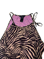 Vintage 2000s Y2K Alesandro Dell’acqua Brown & Pink Tiger Animal Print Sleeveless Layered Mini Dress with Cinched Drop Waist & Tie Details | Size M