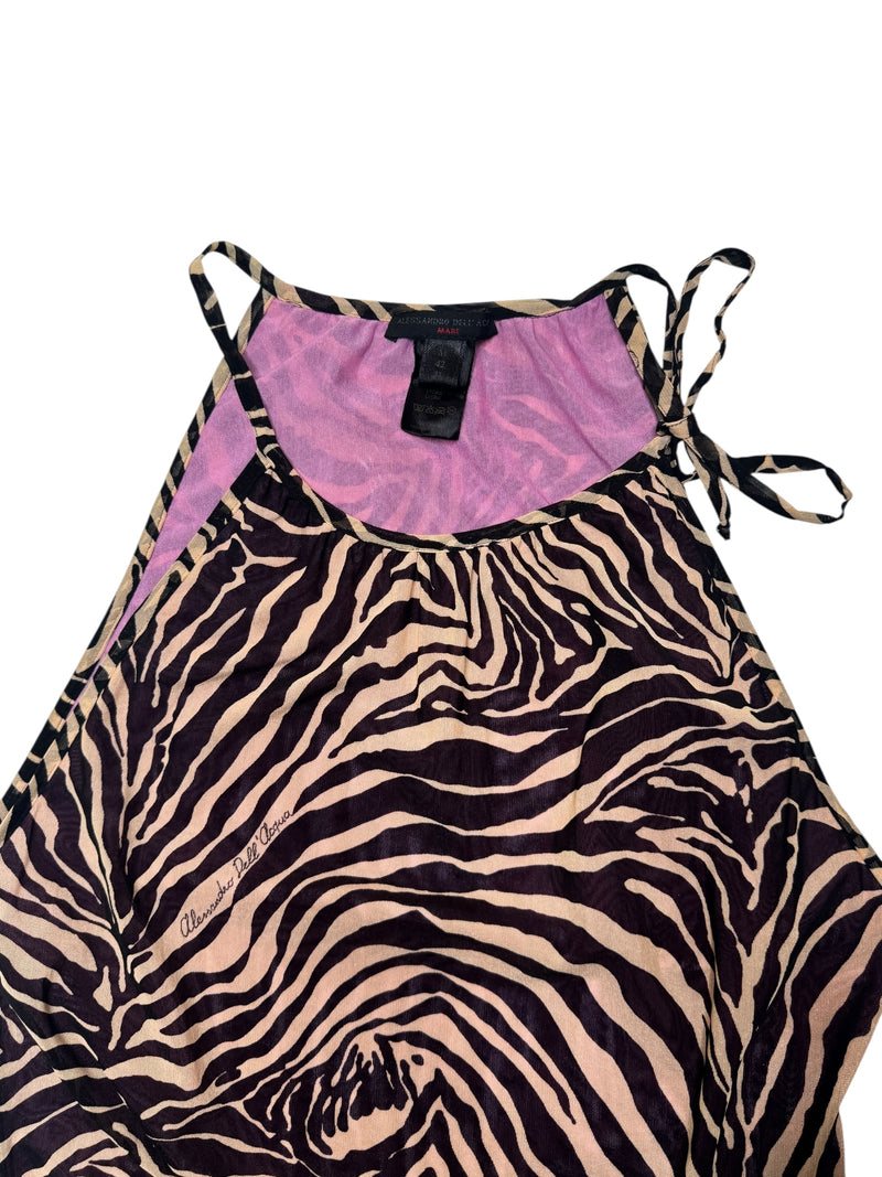 pink zebra dress 2000s Vintage 2000s Y2K Alesandro Dell’acqua Brown & Pink Tiger Animal Print Sleeveless Layered Mini Dress with Cinched Drop Waist & Tie Details