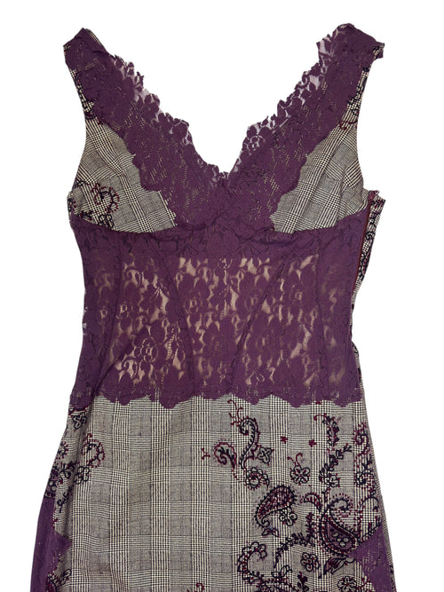 Vintage 2000s Purple & Grey Paisley Fitted Cotton Sleeveless Sheath Midi Dress with Lace Trim | Size XS