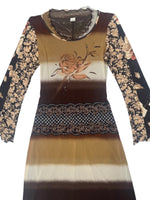 Vintage 2000s Y2K Brown Floral & Striped Mesh Midi Dress With Knit Long Sleeves | Size M