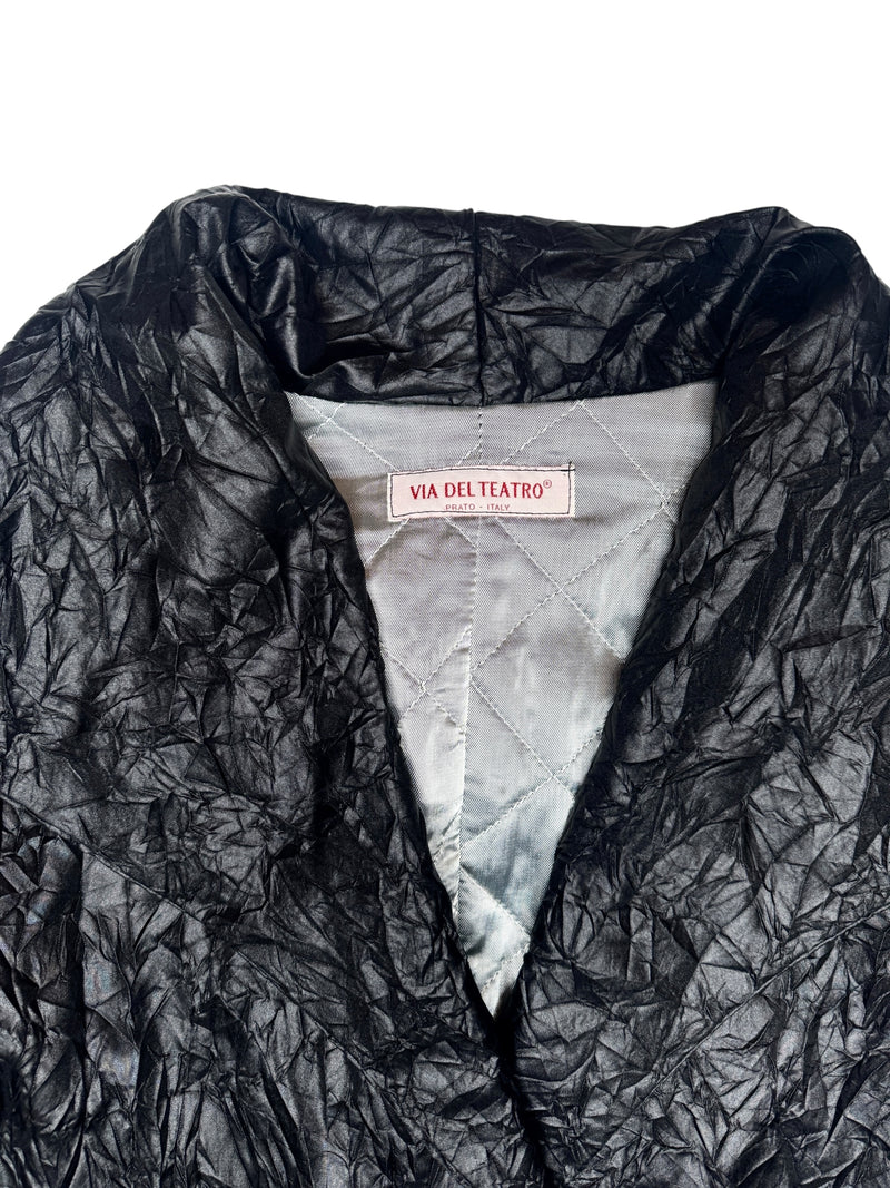 Vintage 2000s Y2K Black Lightweight Collared Crinkle Jacket with Waist Tie | Size L