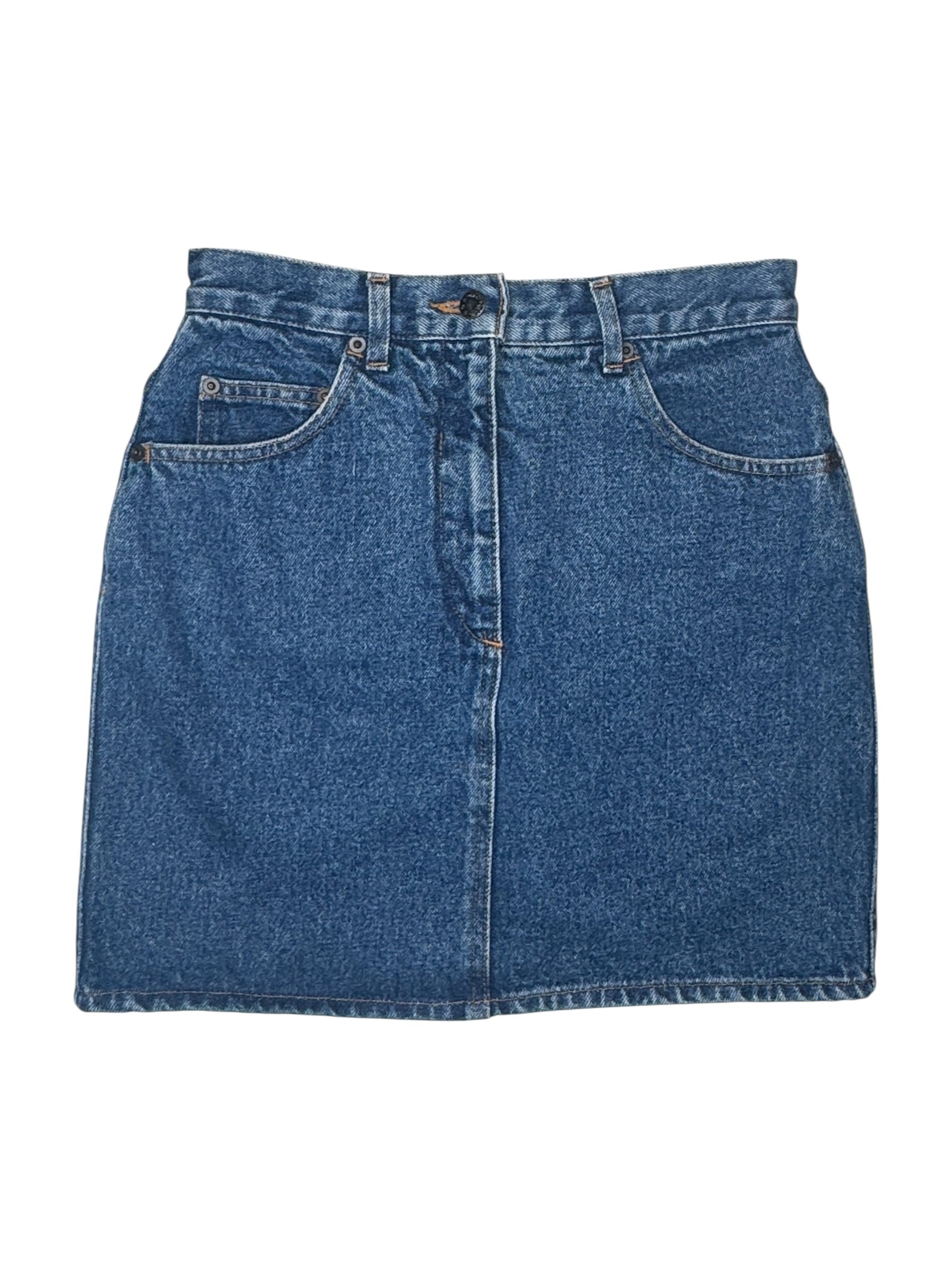 Vintage 2000s Y2K Fiorucci Mid High Rise Fitted Blue Jean Denim Mini Skirt | 28 Inch Waist