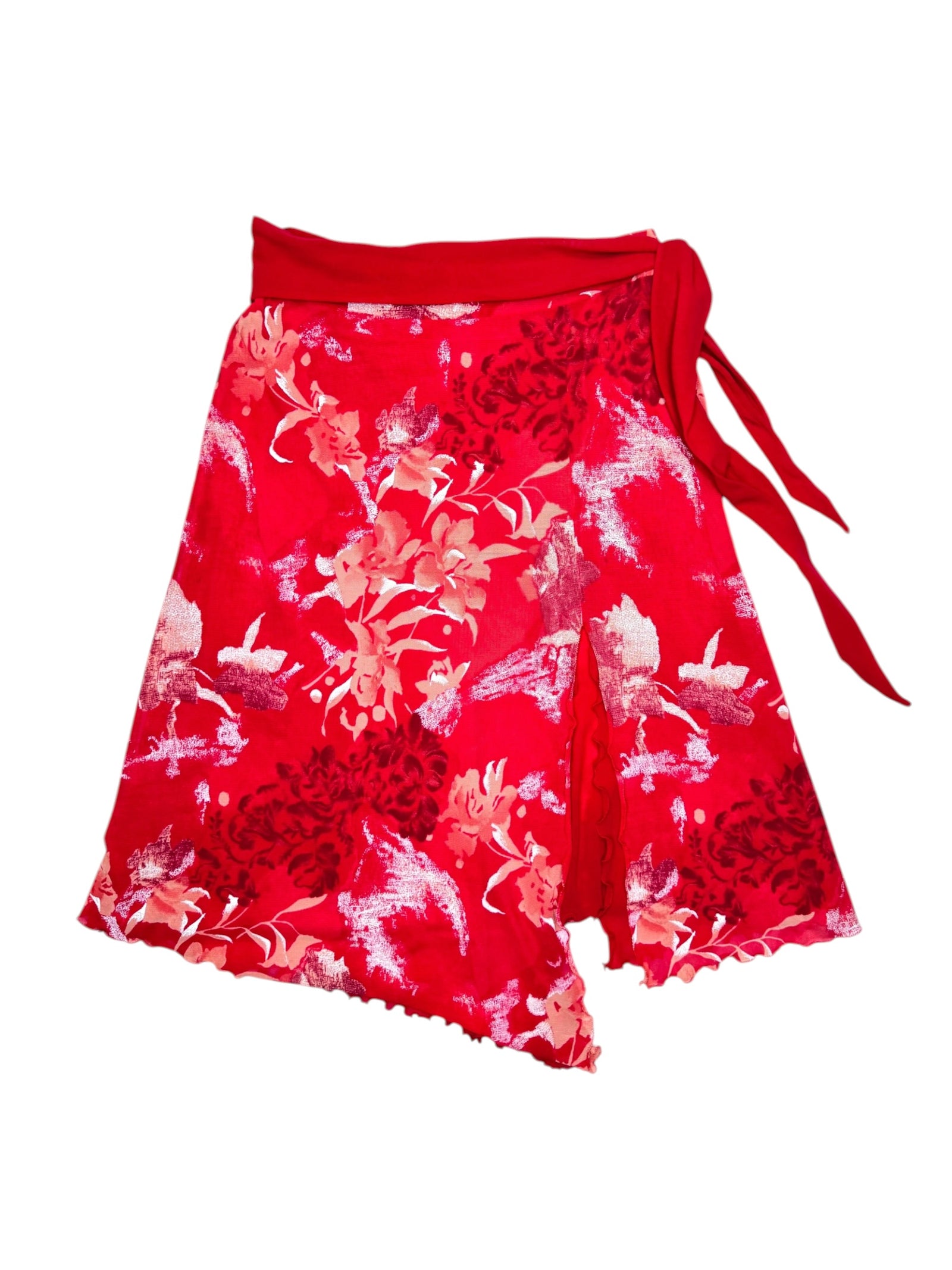 Vintage 2000s Red Mesh Low Rise Floral Asymmetrical Mesh Midi Skirt with Waist Tie | Size M
