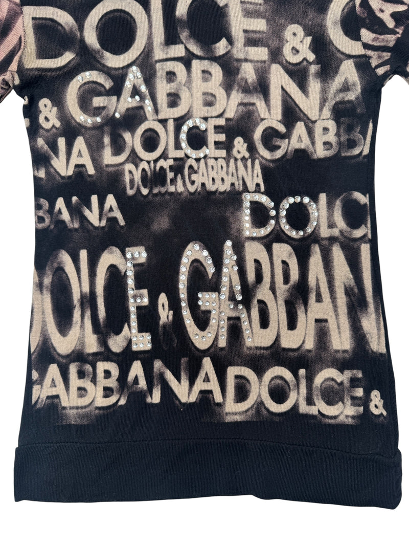 Vintage 2000s Y2K Dolce & Gabbana Black & Beige Bedazzled Rhinestone Graphic Short Sleeve Logo Tee | Size M-L