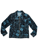 Vintage 2000s Black & Blue Abstract Vogue Print Collared Glitter Zip Up Jacket | Size M-L