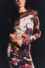 Vintage 2000s Y2K Roberto Cavalli Art Nouveau Purple Abstract Patterned Long Sleeve Dress | Size M