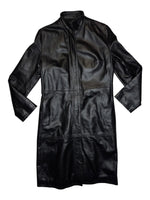 Vintage 90s Black Italian Leather Padded Mockneck Long Midi Trench Coat | Size M