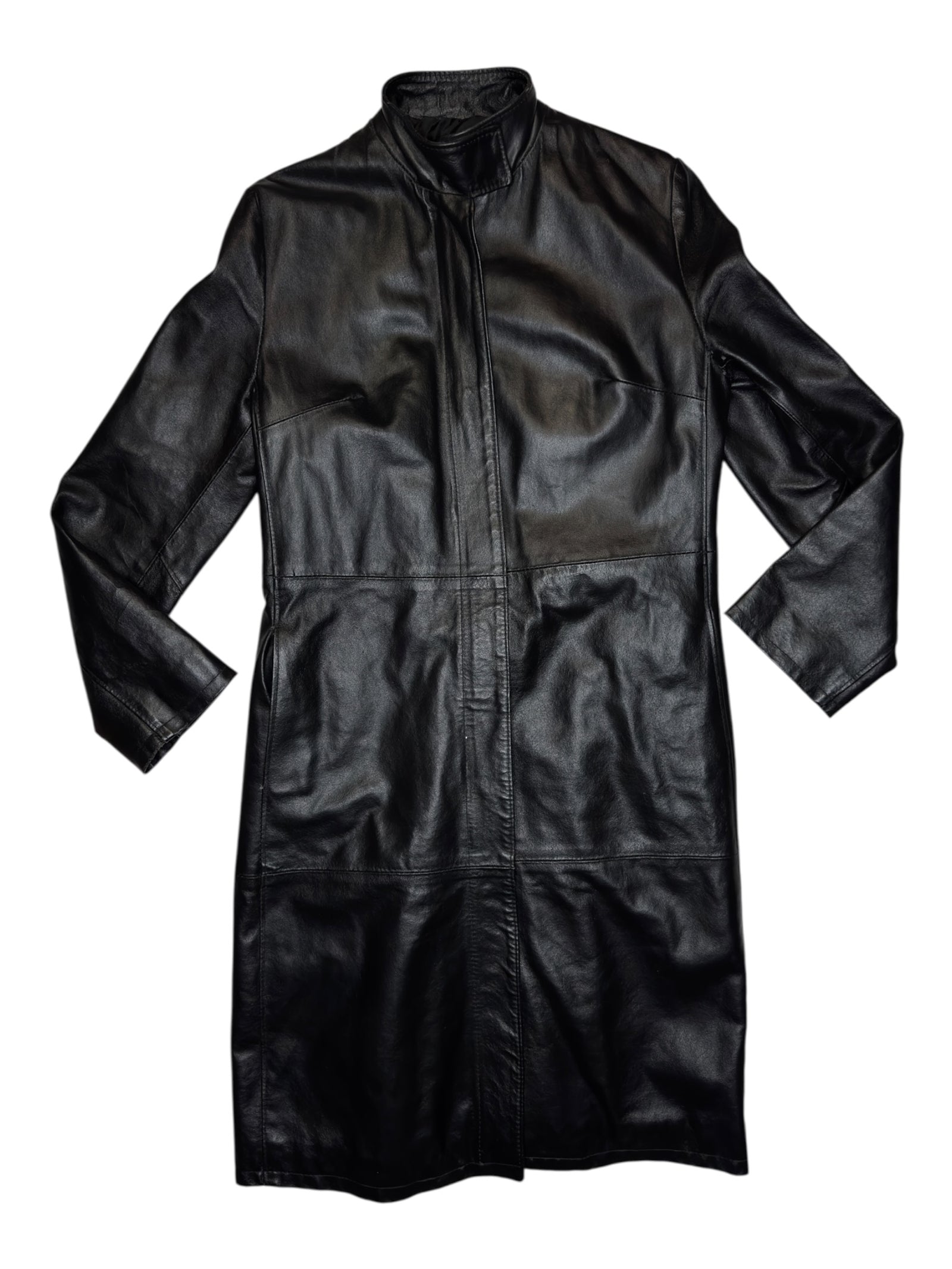 Vintage 90s Black Italian Leather Padded Mockneck Long Midi Trench Coat | Size M