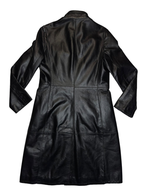 Vintage 90s Black Italian Leather Padded Mockneck Long Midi Trench Coat | Size M