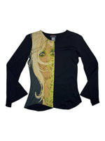 Vintage 2000s CUSTO BARCELONA Cotton Knit Black Graphic Fitted Flared Long Sleeve Top | Size S-M