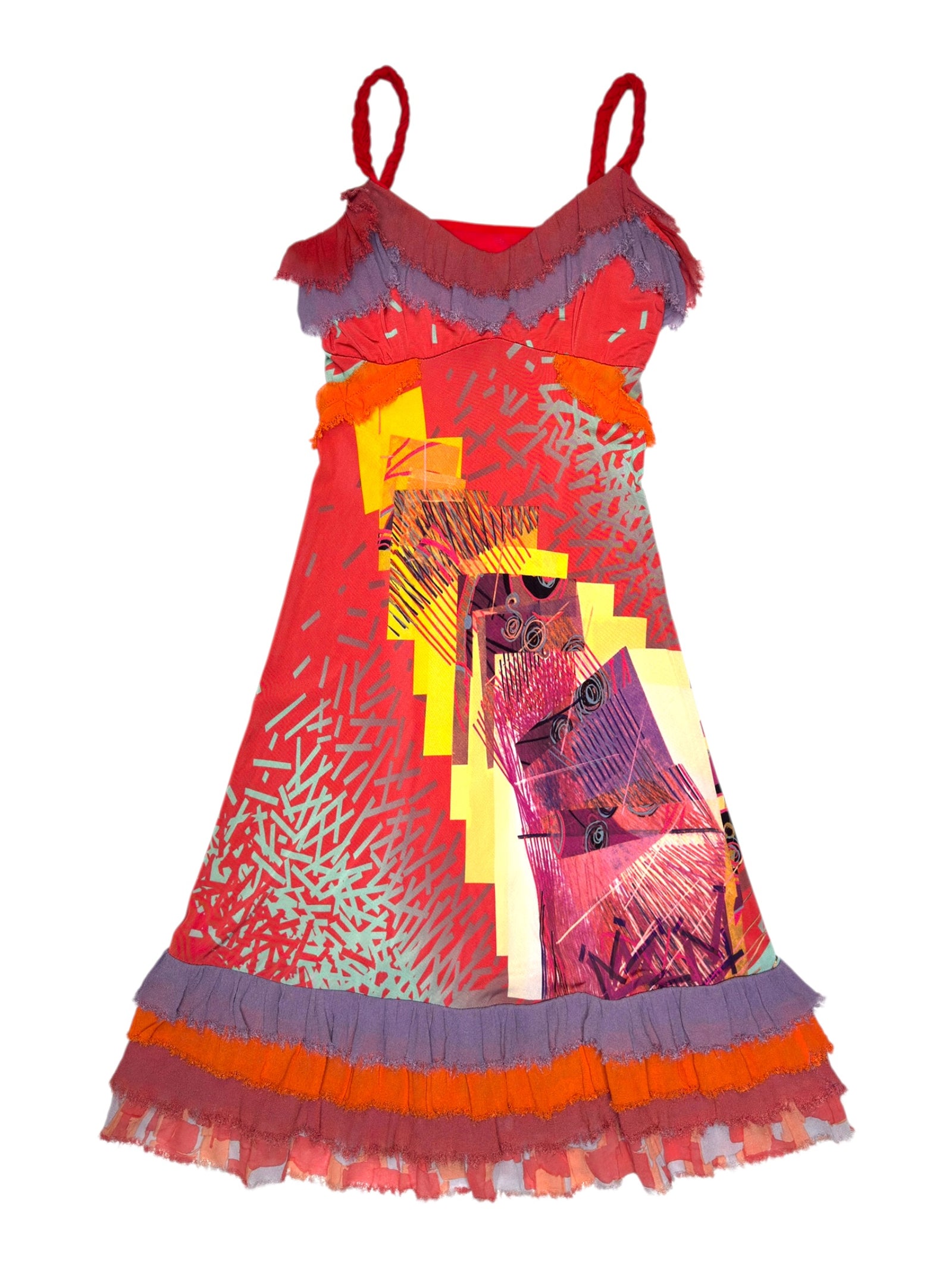 Vintage 2000s SAVE THE QUEEN Red & Purple Abstract Patchwork Ruffled Sleeveless Midi Dress | Size XS-S