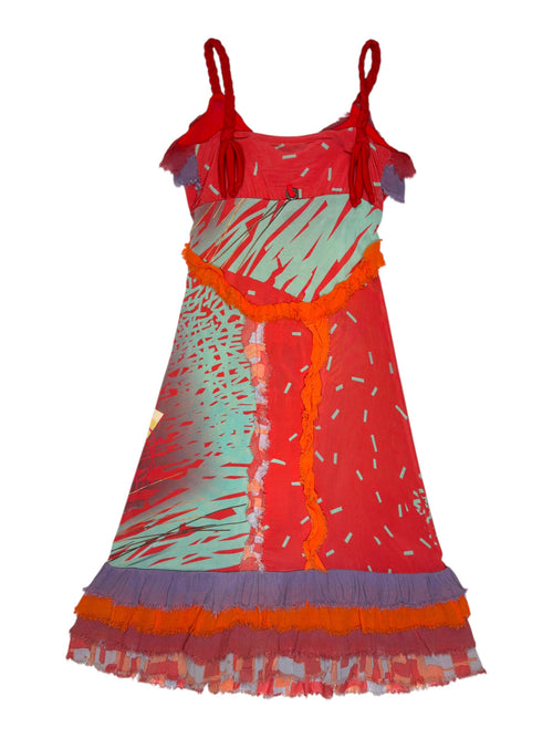 Vintage 2000s SAVE THE QUEEN Red & Purple Abstract Patchwork Ruffled Sleeveless Midi Dress | Size XS-S