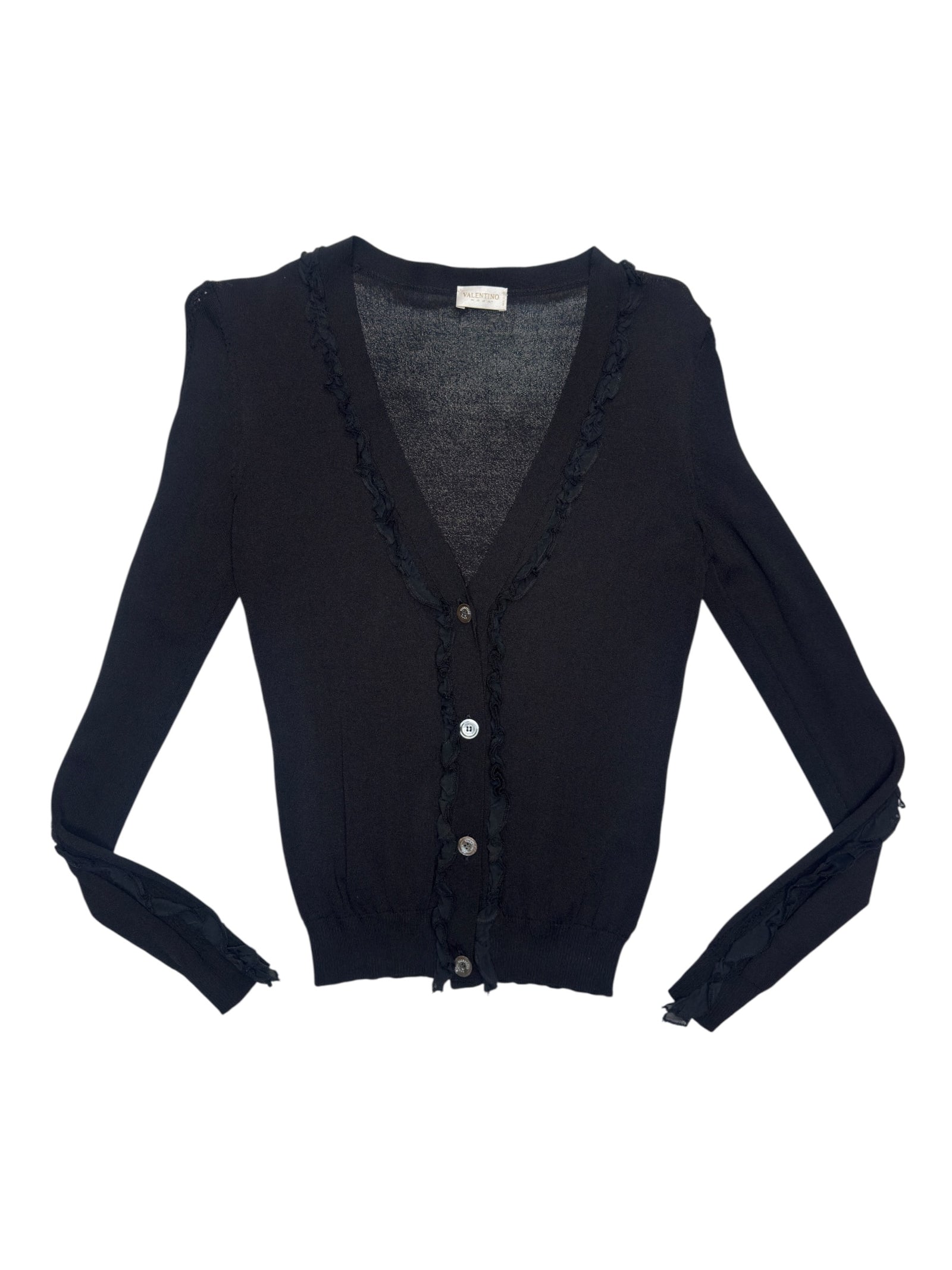 Vintage 2000s VALENTINO Knit Black Fitted V-Neck Cardigan with Ruffle Trim | Size S
