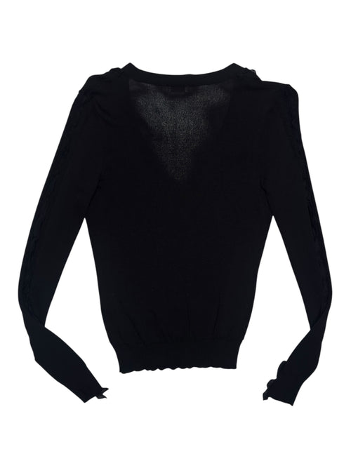 Vintage 2000s VALENTINO Knit Black Fitted V-Neck Cardigan with Ruffle Trim | Size S