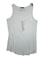 Vintage BALMAIN SS12 Ribbed Cotton White Scoop Neck Sleeveless Tank Top with Gold Bull Detail | Size M-L