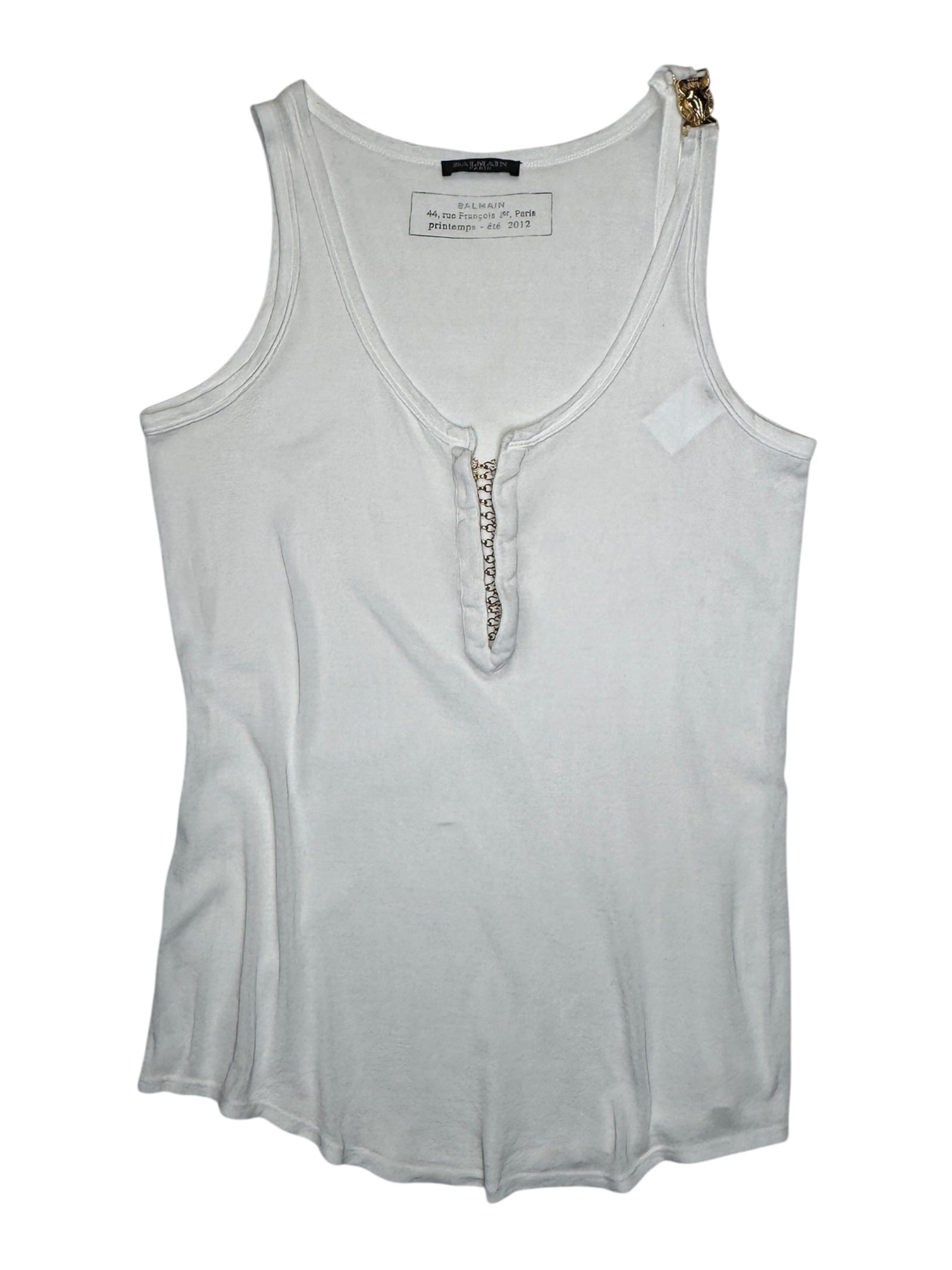 Vintage BALMAIN SS12 Ribbed Cotton White Scoop Neck Sleeveless Tank Top with Gold Bull Detail | Size M-L