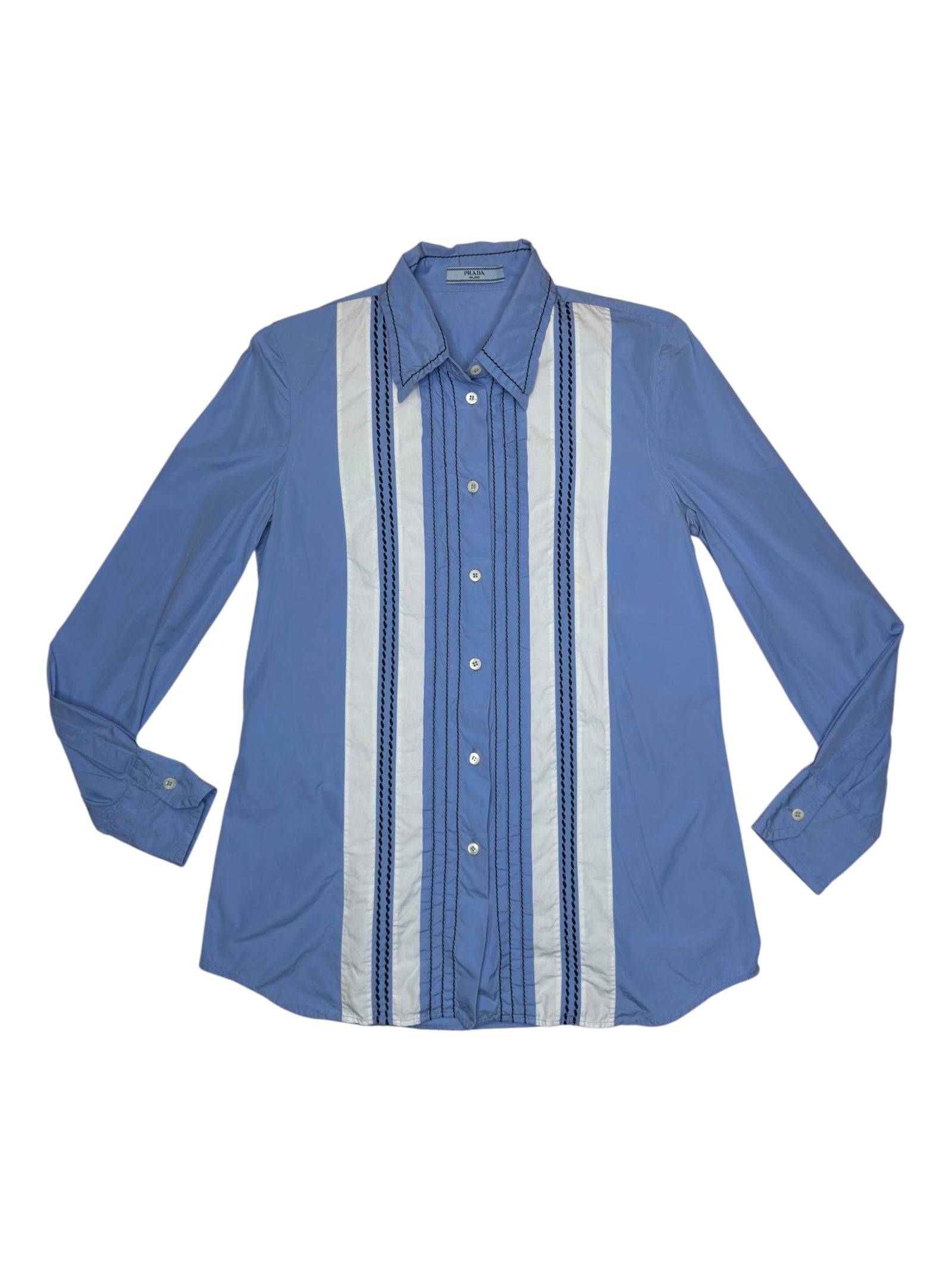 PRADA SS 2015 Men’s Cotton Periwinkle Blue & White Striped Long Sleeve Button Up Shirt | Men’s Size S