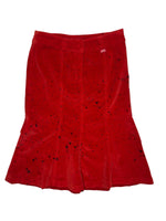 Vintage 2000s MISS SIXTY Orange-Red Velvet Mid-Rise Paint Splatter Flared Midi Skirt | Size S