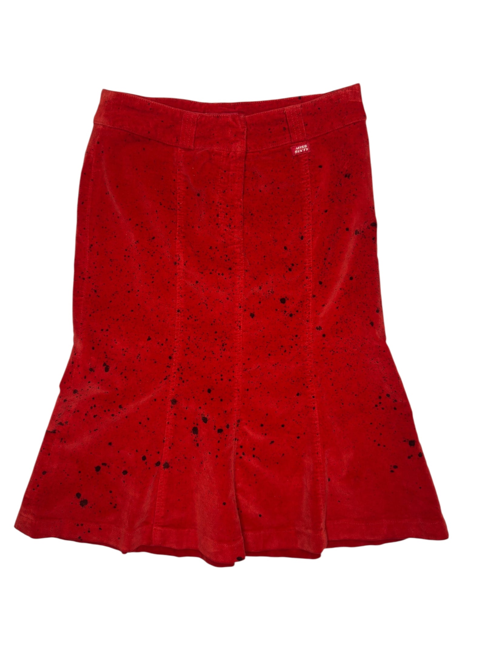 Vintage 2000s MISS SIXTY Orange-Red Velvet Mid-Rise Paint Splatter Flared Midi Skirt | Size S