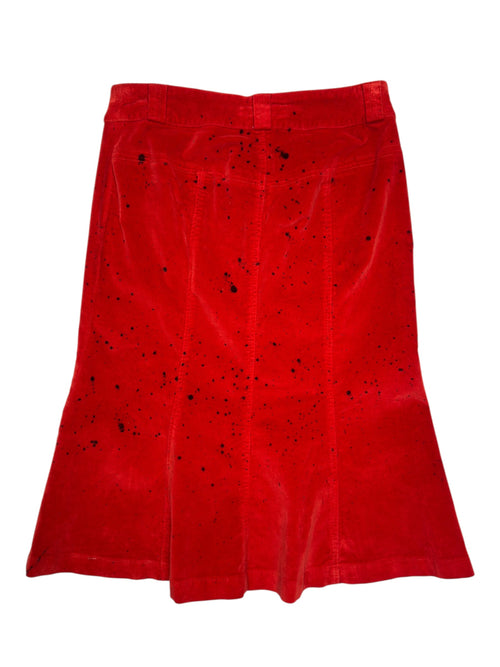 Vintage 2000s MISS SIXTY Orange-Red Velvet Mid-Rise Paint Splatter Flared Midi Skirt | Size S