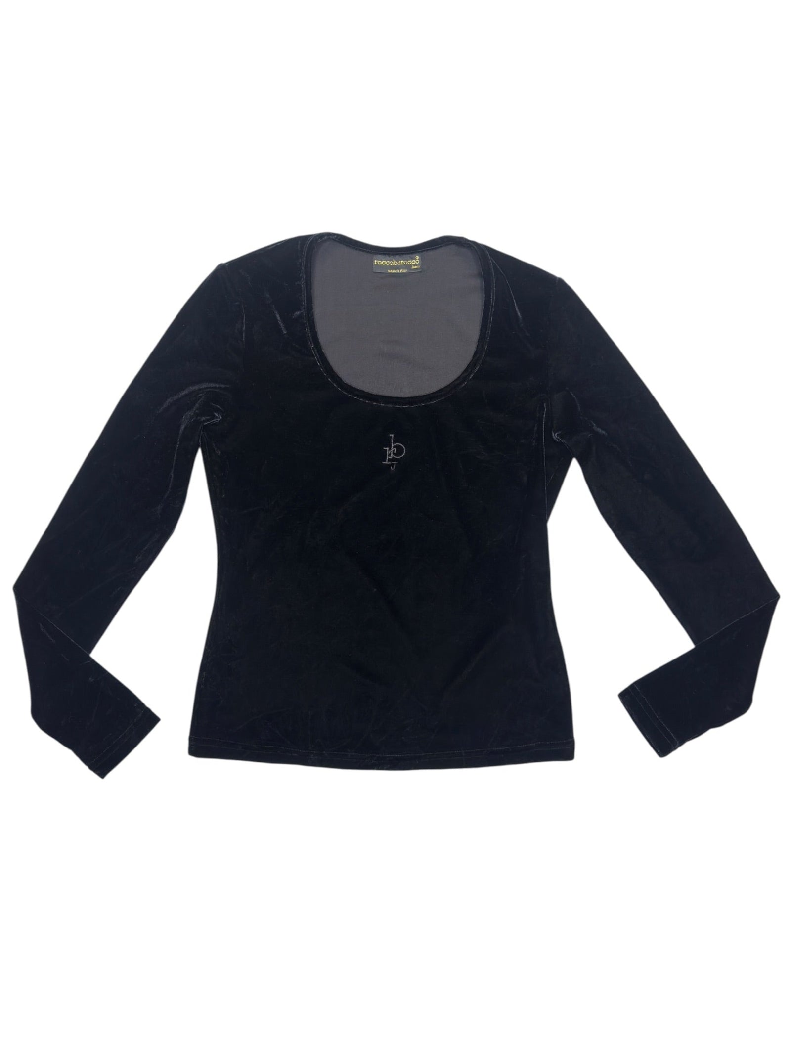 Vintage 90s ROCCO BAROCCO Stretch Velvet Black Scoop Neck Long Sleeve Top | Size S