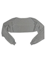A heather gray cropped long-sleeve top with a wide boat neckline, laid flat on a white background.