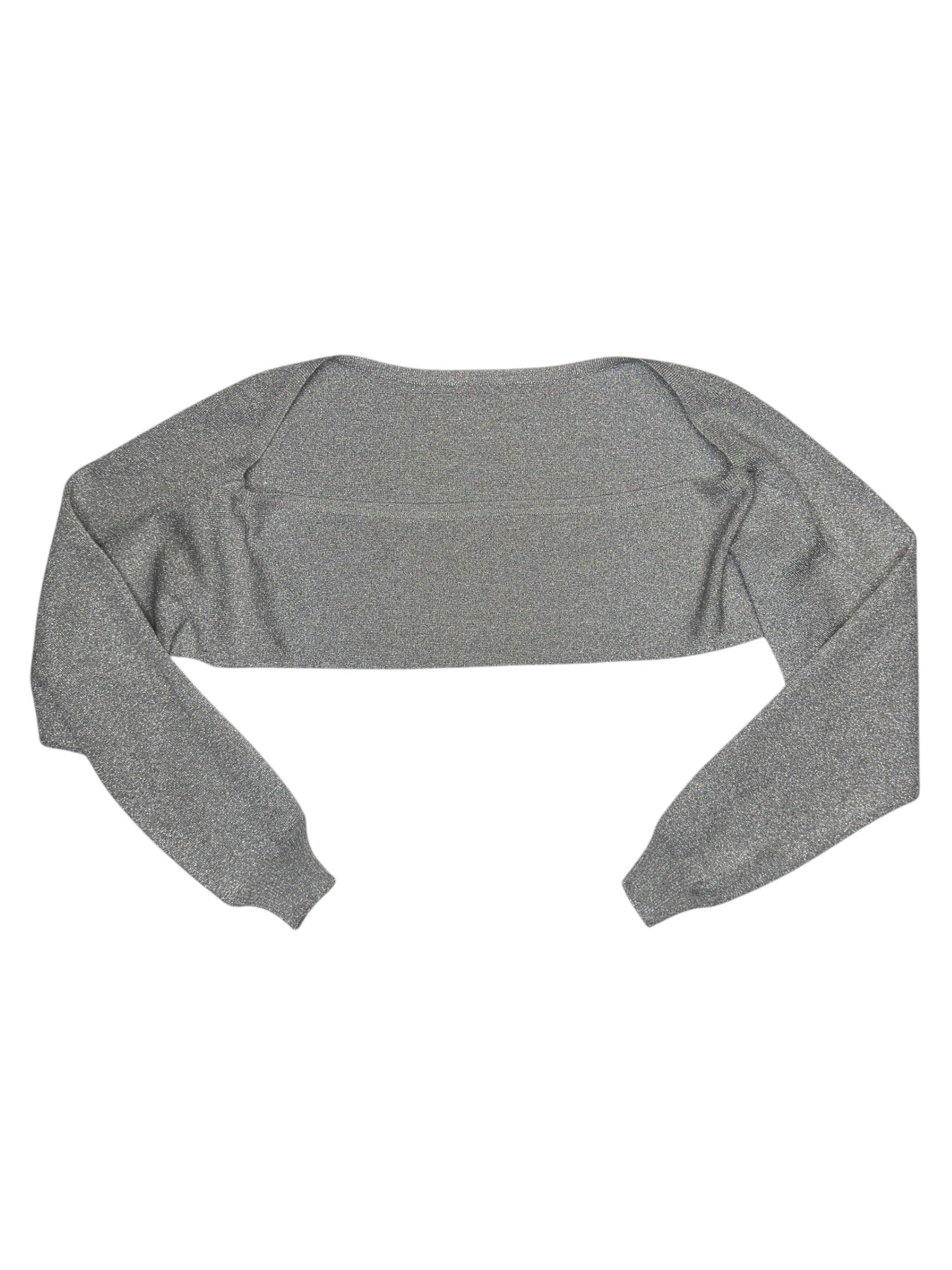 A heather gray cropped long-sleeve top with a wide boat neckline, laid flat on a white background.