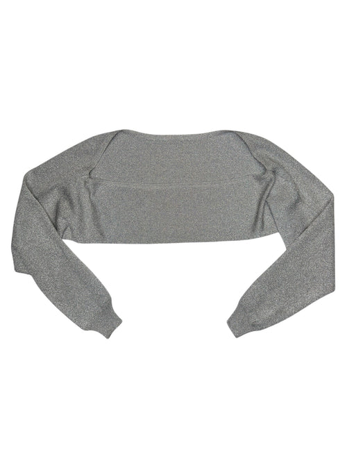 A heather gray cropped long-sleeve top with a wide boat neckline, laid flat on a white background.