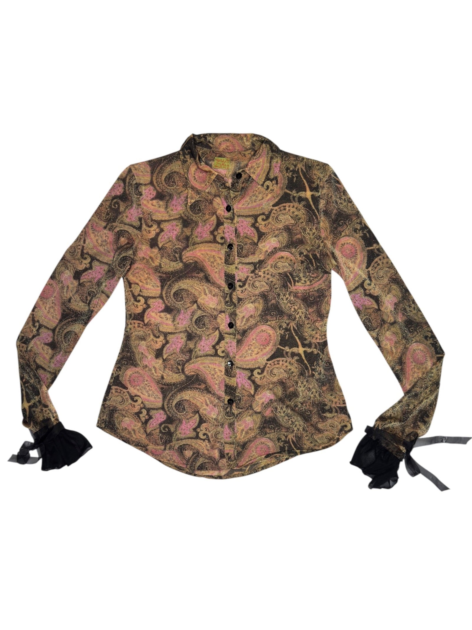 Vintage 90s BIONDA FRAGOLA Glitter Mesh Brown Pink & Gold Paisley Long Sleeve Button Up Shirt with Organza Tie Cuffs | Size S