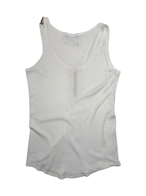 Vintage BALMAIN SS12 Ribbed Cotton White Scoop Neck Sleeveless Tank Top with Gold Bull Detail | Size M-L