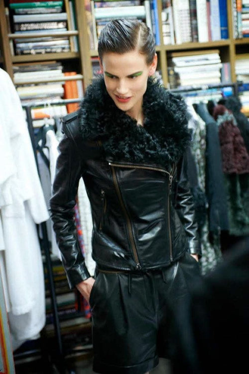 2010s KARL LAGERFELD AW 2012 Goat Leather & Sheepskin Black Moto Jacket with Shearling Collar | Size XS-S