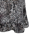 Vintage 2000s Y2K Boho Chic Grey Leopard Animal Print Sleeveless Mesh Midi Dress with Ruffle Hem