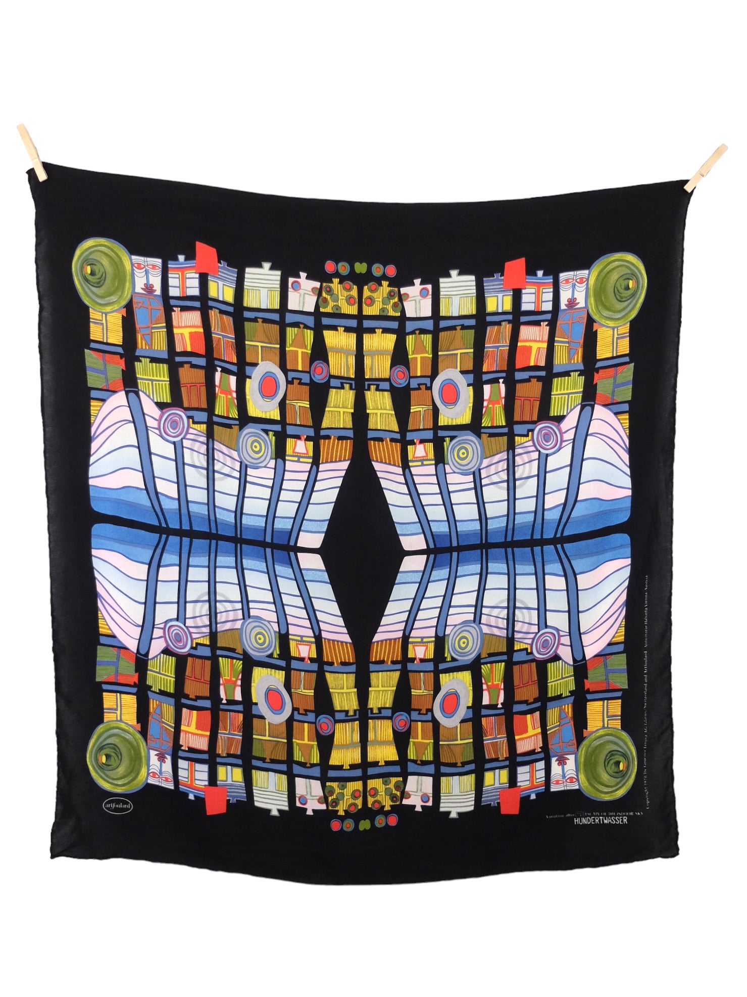 Vintage 2000s Y2K Silk Hundertwasser 1978 Escape of the Indoor Sky Avant-Garde Art Nouveau Style Abstract Geometric Patterned Square Bandana Neck Tie Scarf