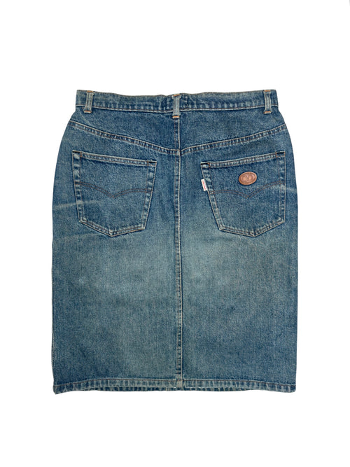 Vintage 90s VALENTINO High Waisted Blue Stone Washed Denim Knee Length Midi Skirt | Size M