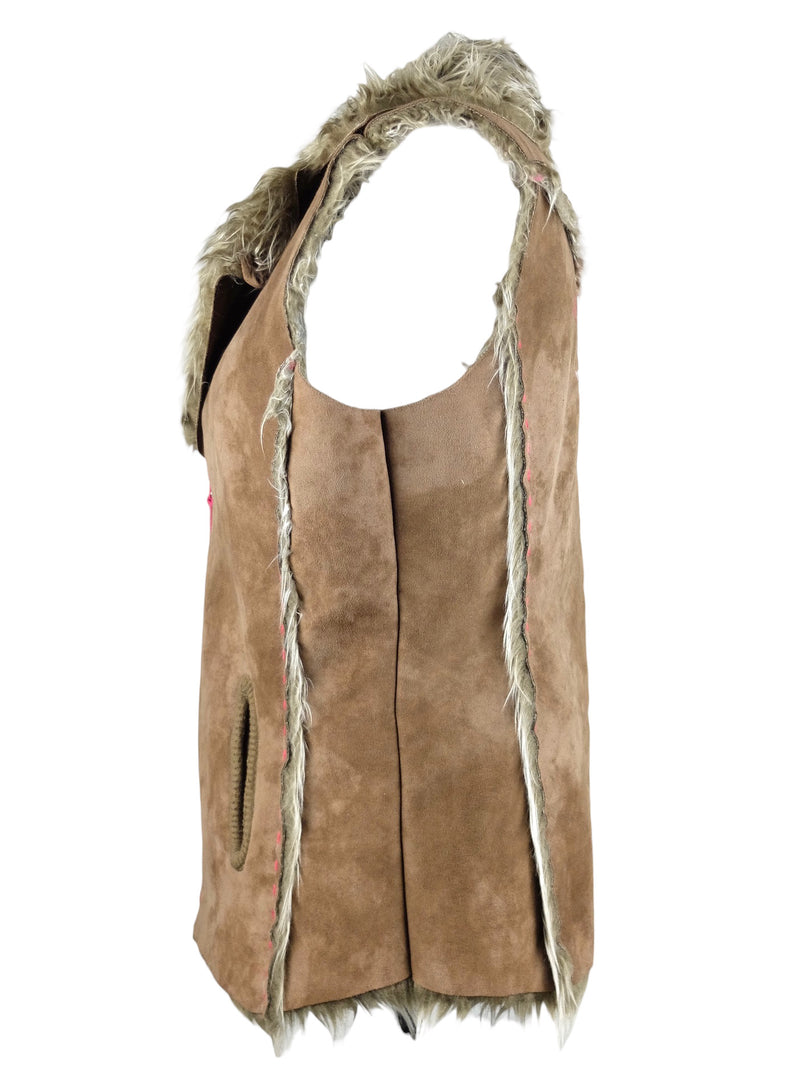 Vintage 2000s Y2K Preppy Faux Fur & Faux Suede Asymmetrical Zip Up Waistcoat Vest with Back Embroidered Detail | Size L