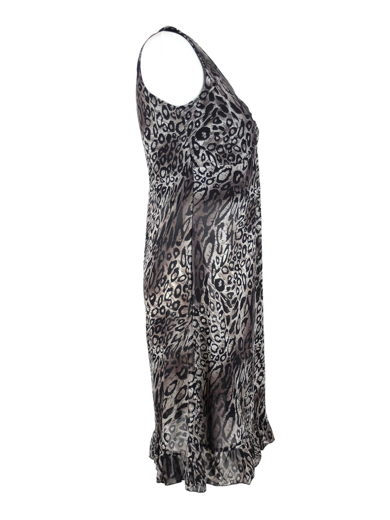 Vintage 2000s Y2K Boho Chic Grey Leopard Animal Print Sleeveless Mesh Midi Dress with Ruffle Hem