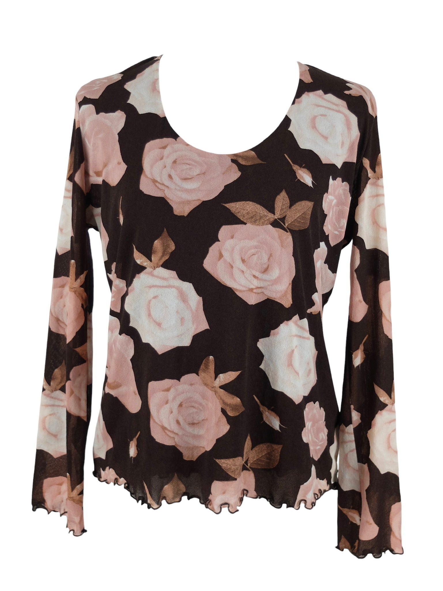 Vintage 2000s Y2K Brown & Pink Floral Mesh Long Sleeve Scoop Neck Blouse Top with Lettuce Hem