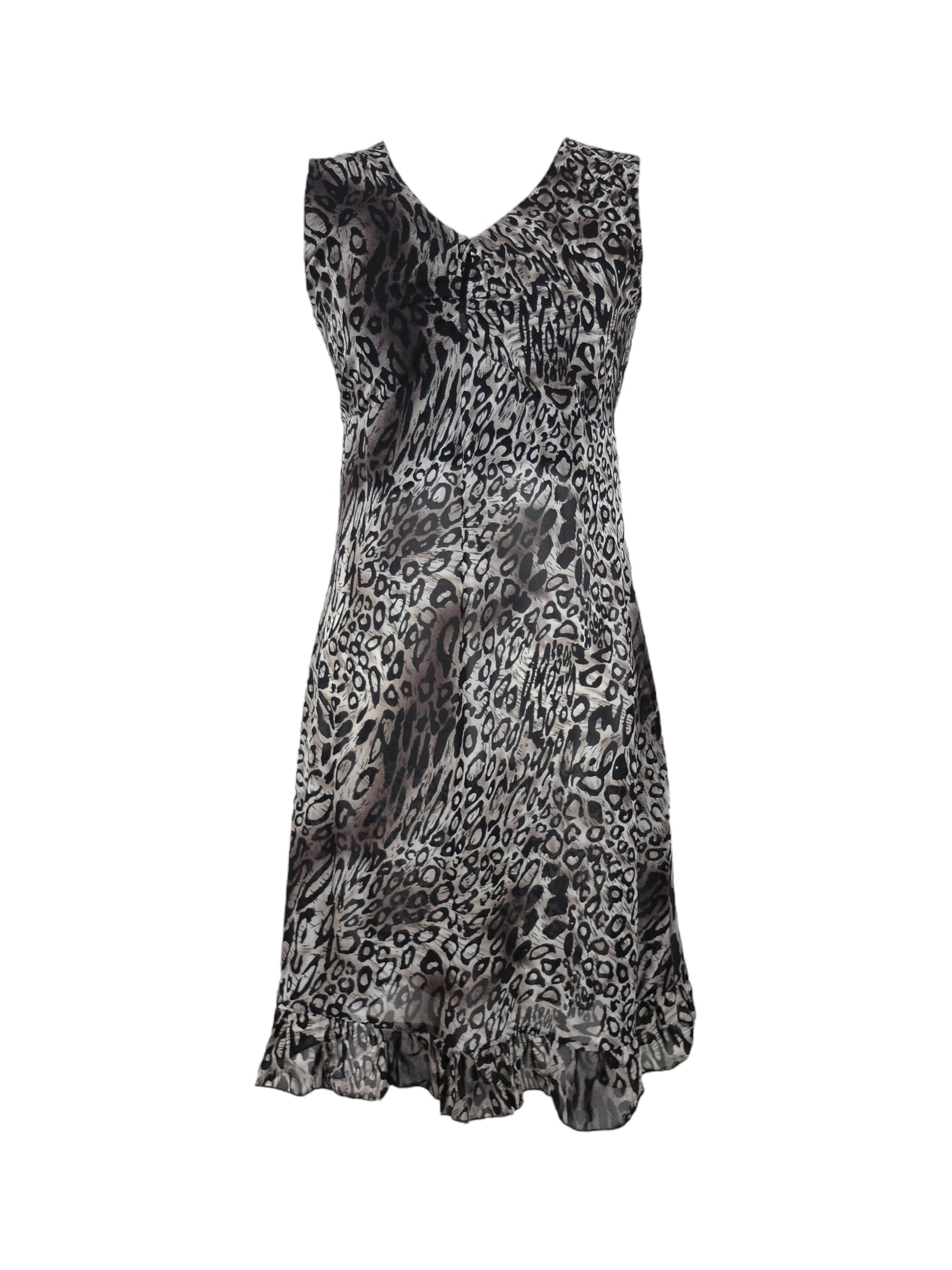 Vintage 2000s Y2K Boho Chic Grey Leopard Animal Print Sleeveless Mesh Midi Dress with Ruffle Hem