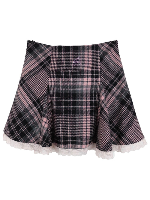 Vintage 2000s Y2K Miss Blumarine Designer Academia Schoolgirl Preppy Pink & Black Plaid Check Print Micro Mini Skirt with Rhinestone & Bow Details