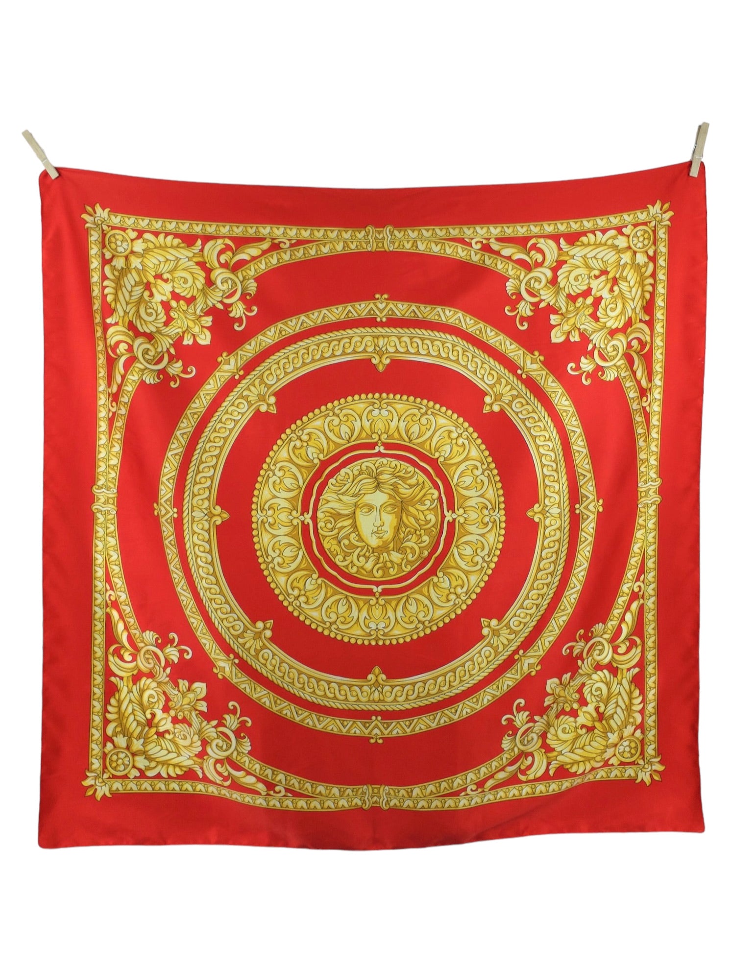Vintage 90s Avant-Garde Chic Red & Gold Baroque Patterned Square Bandana Neck Tie Scarf