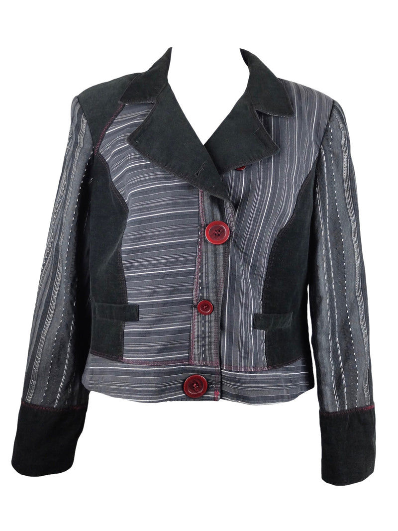 Vintage 2000s Y2K Preppy Grunge Black Grey & Red Patchwork Corduroy Button Down Collared Blazer Jacket | Size L
