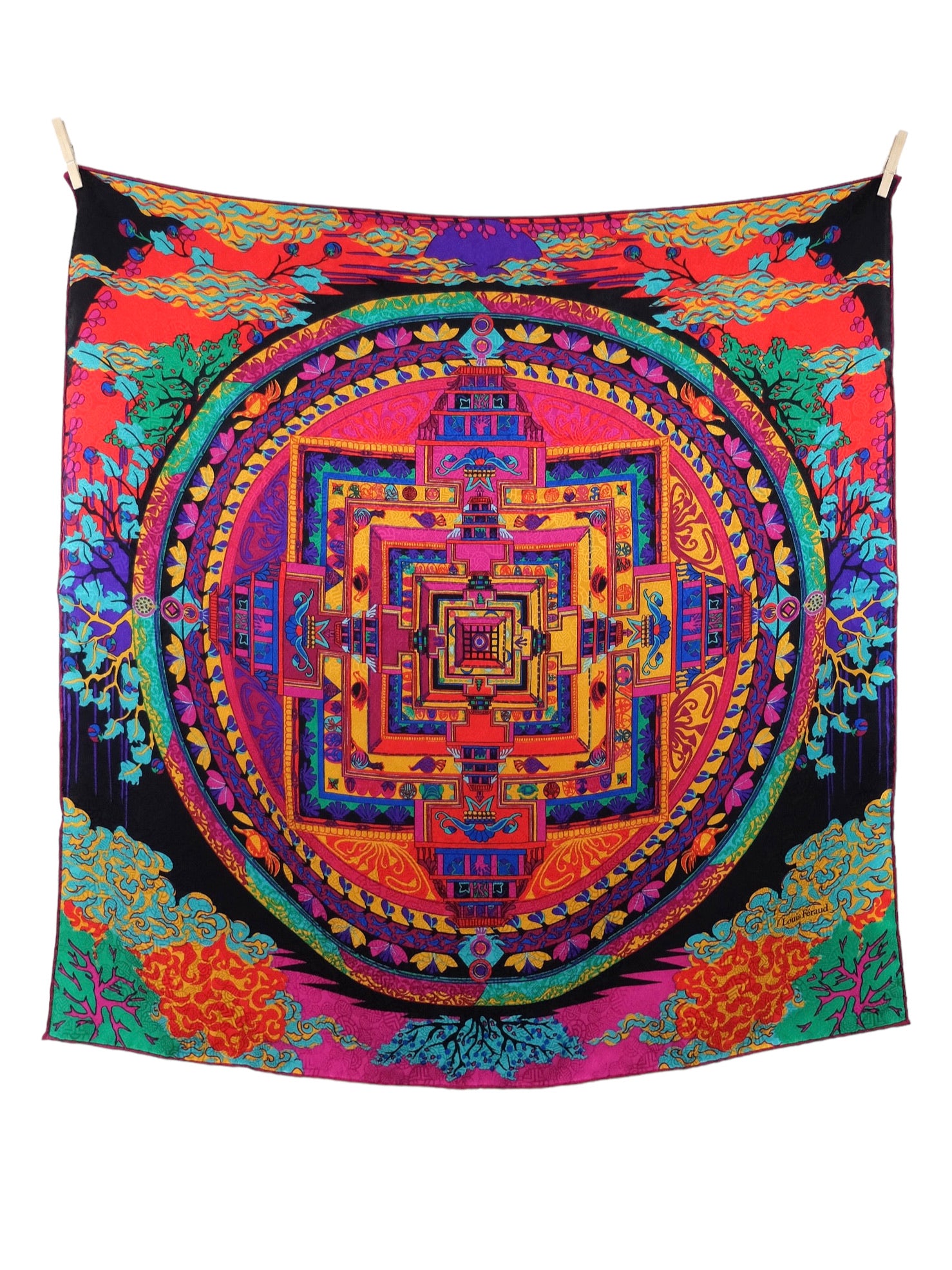 Vintage 2000s Y2K Louis Féraud Silk Bohemian Psychedelic Abstract Geometric Patterned Large Square Bandana Neck Tie Scarf with Handrolled Hem