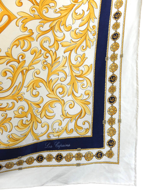Vintage 90s Silk Avant-Garde Chic Baroque Patterned Gold White & Navy Blue Abstract Square Bandana Neck Tie Scarf