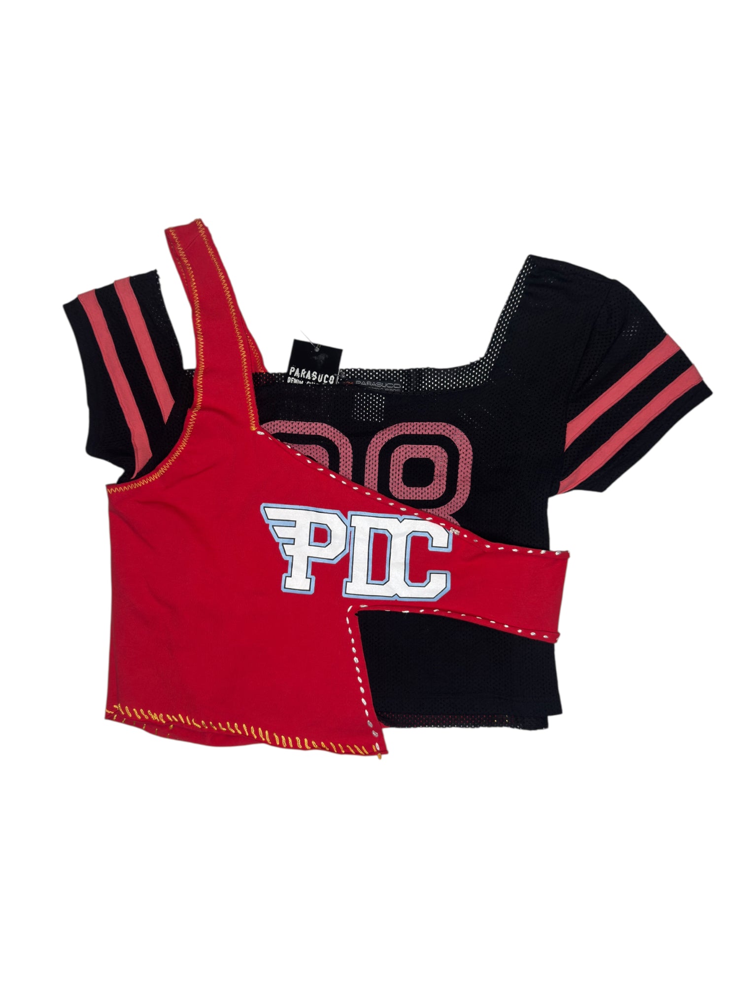 Vintage 2000s Deadstock PARASUCO Subversive Sporty Red & Black Layered Crop Top | Size M